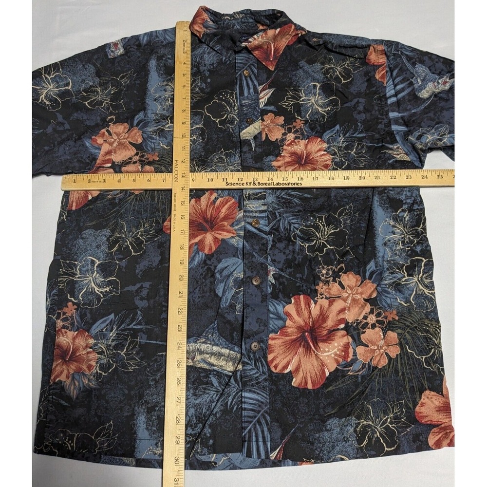REEL LEGENDS Floral Swordfish Print Men Large Black Cotton Blend Hawaiian Shirt - Picture 8 of 15